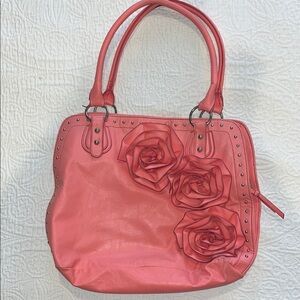 Coral Floral Handbag with Silver Stud Accents